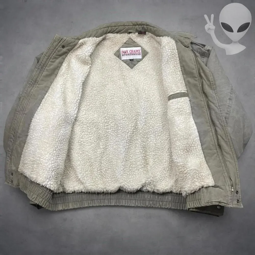 Vintage 90s Fox Chapel Sportswear Utility Bomber Jacket Mens XL Olive Sherpa - Picture 4 of 6